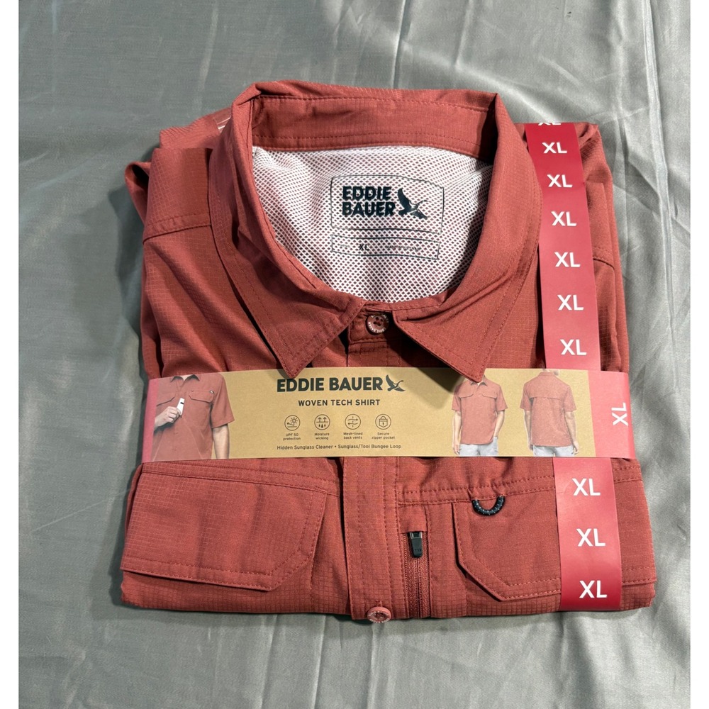 Eddie Bauer Mens XL Woven Tech Shirt Rust Red Short Sleeve UPF 50 Fishing Hiking